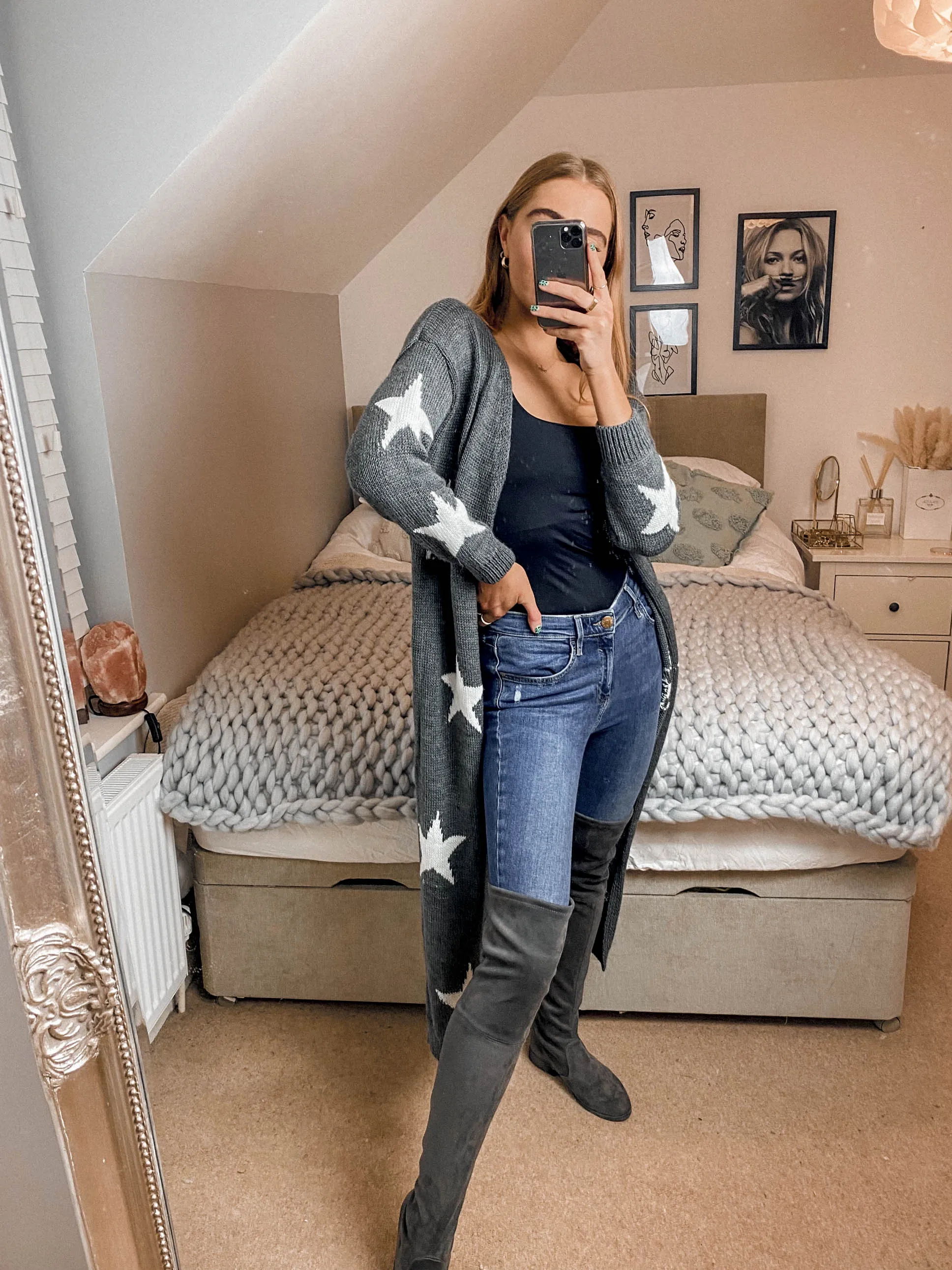Kaia Star Print Long Cardigan / Grey & White