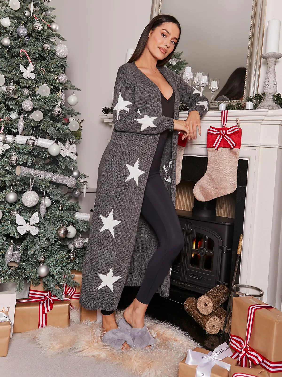 Kaia Star Print Long Cardigan / Grey & White