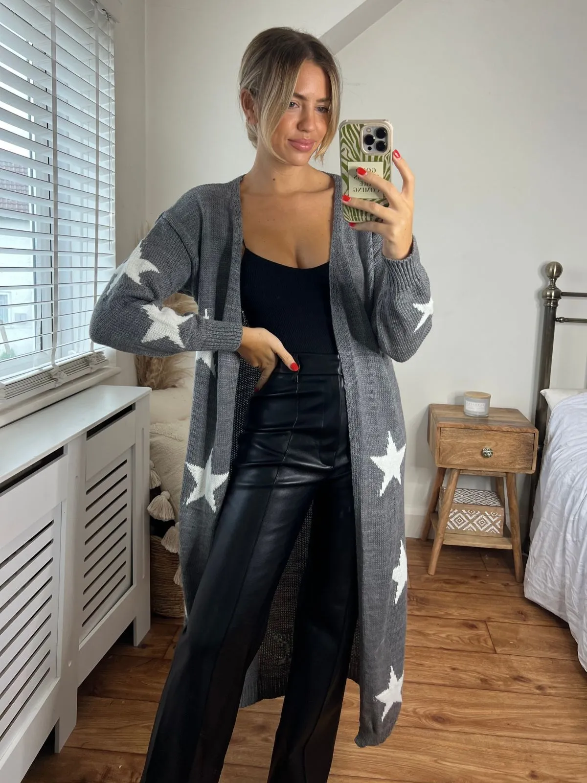 Kaia Star Print Long Cardigan / Grey & White