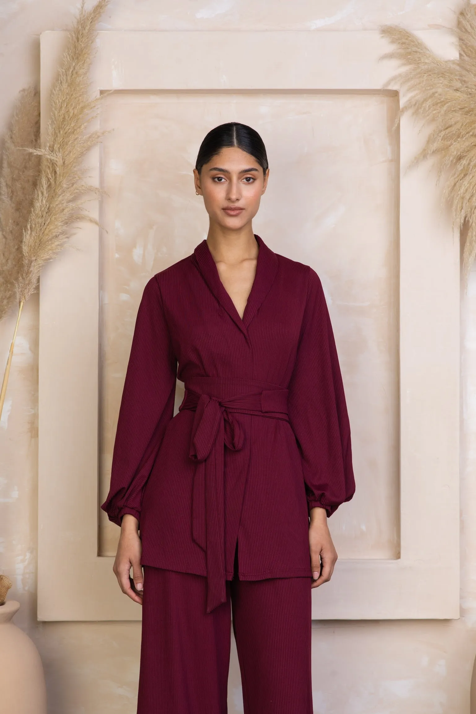 Maroon Belted Ribbed Tunic & Pants Set