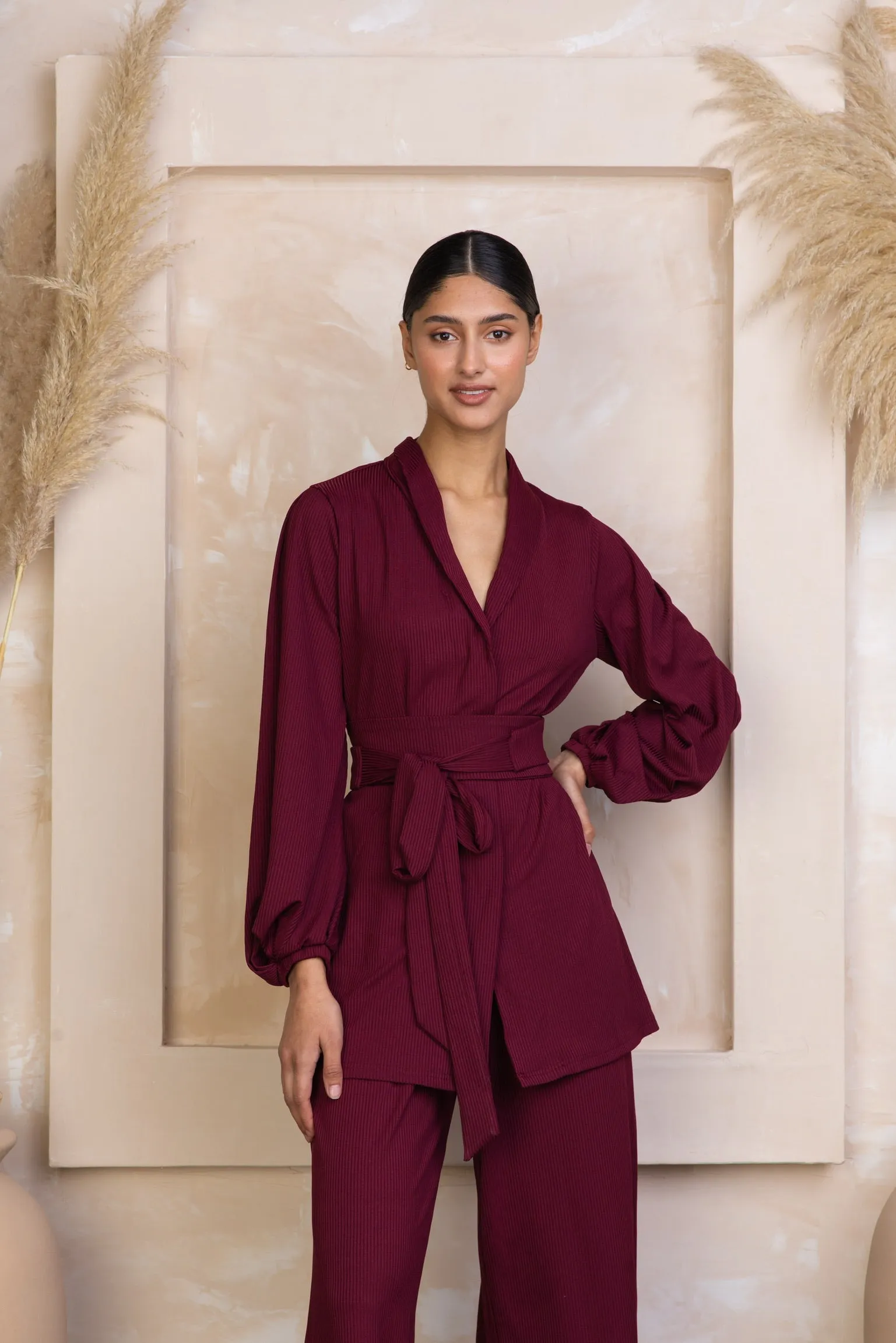 Maroon Belted Ribbed Tunic & Pants Set