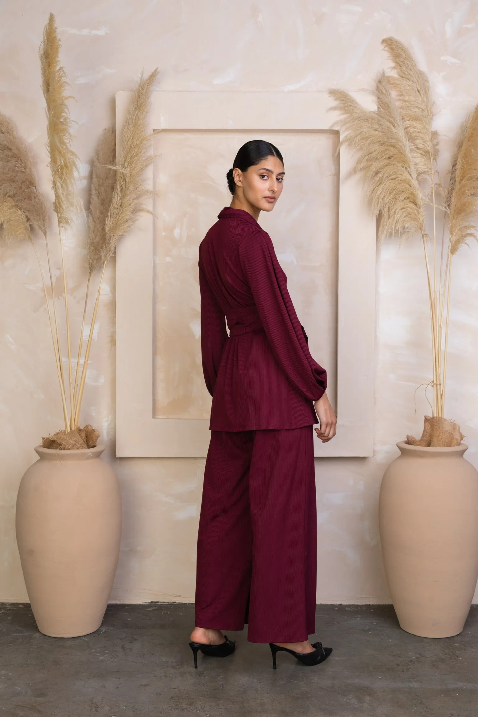 Maroon Belted Ribbed Tunic & Pants Set