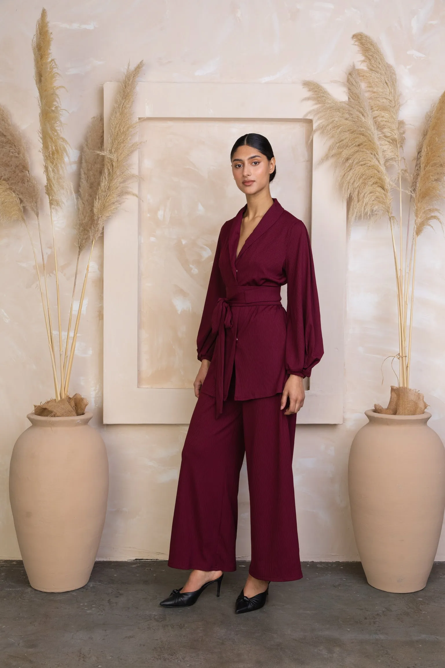 Maroon Belted Ribbed Tunic & Pants Set
