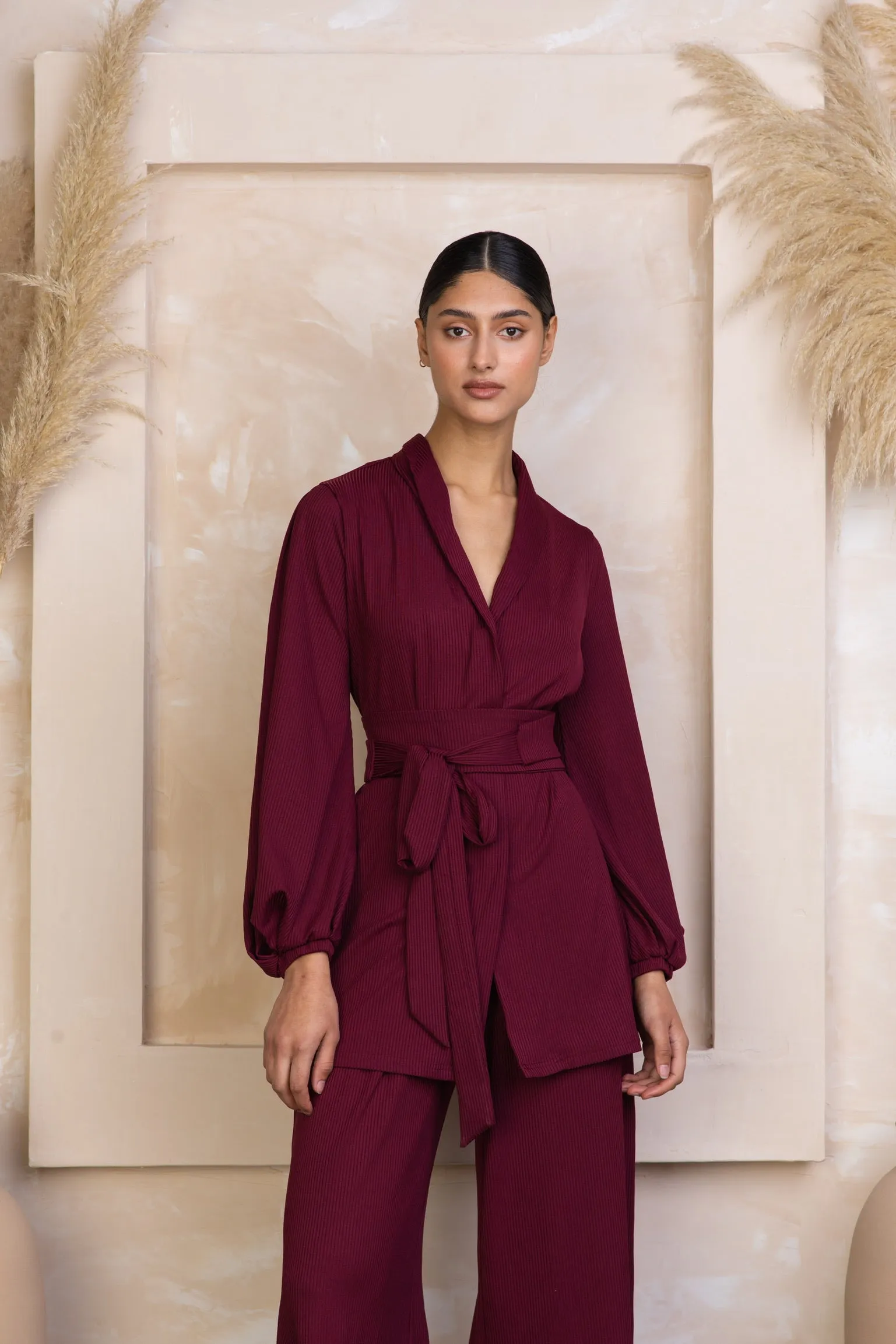 Maroon Belted Ribbed Tunic & Pants Set