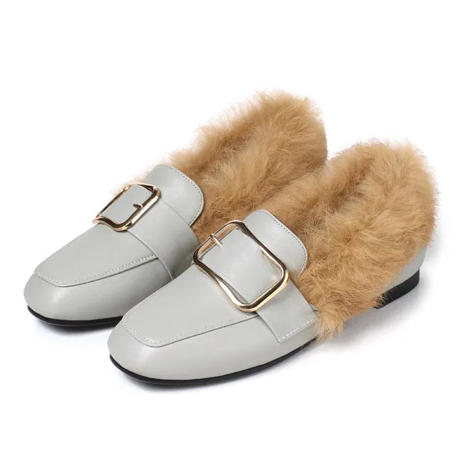Odetina 2017 New Fashion Women Casual Flat Shoes Real Rabbit Fur Loafers Slip on Flats Square Buckle Shoes Ladies Big Size 32-45