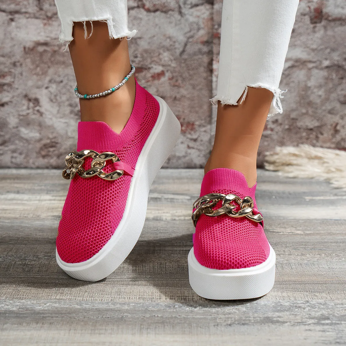 Sohiwoo  NewWomen Chain Decor Platform Wedge Loafers