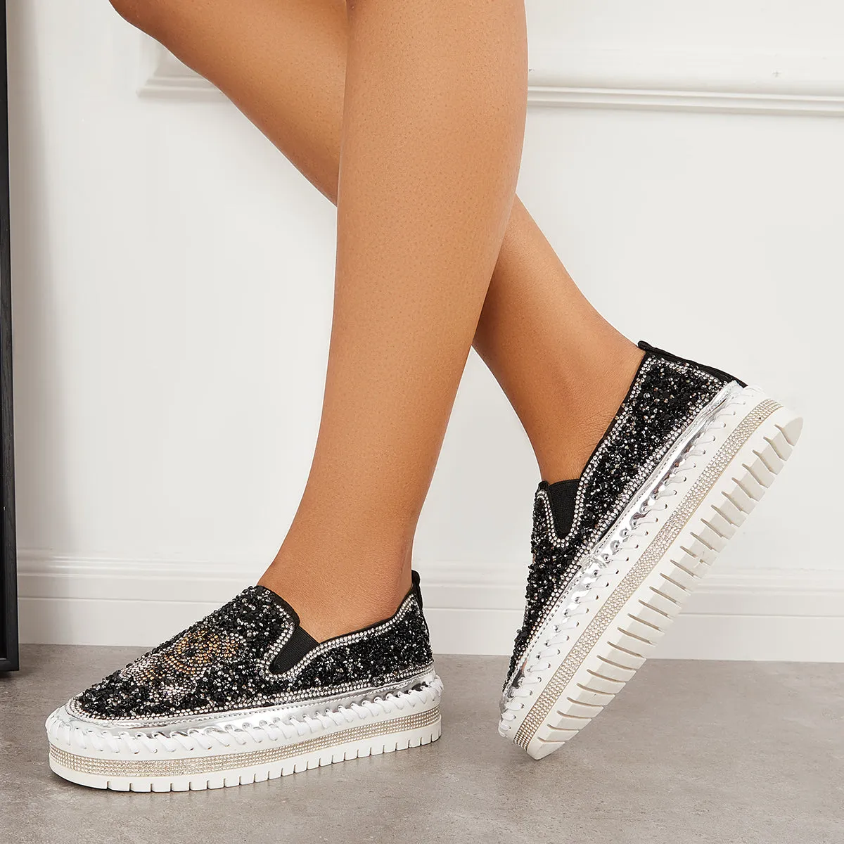 Sohiwoo  Women Glitter Rhinestone Bear Platform Loafers Slip on Walking Shoes