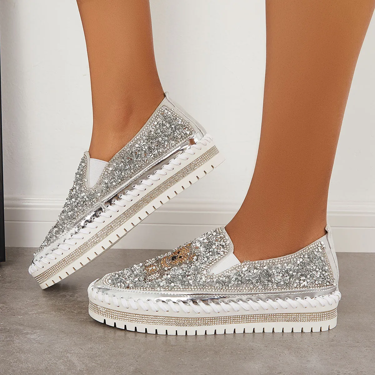 Sohiwoo  Women Glitter Rhinestone Bear Platform Loafers Slip on Walking Shoes