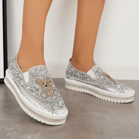 Sohiwoo  Women Glitter Rhinestone Bear Platform Loafers Slip on Walking Shoes