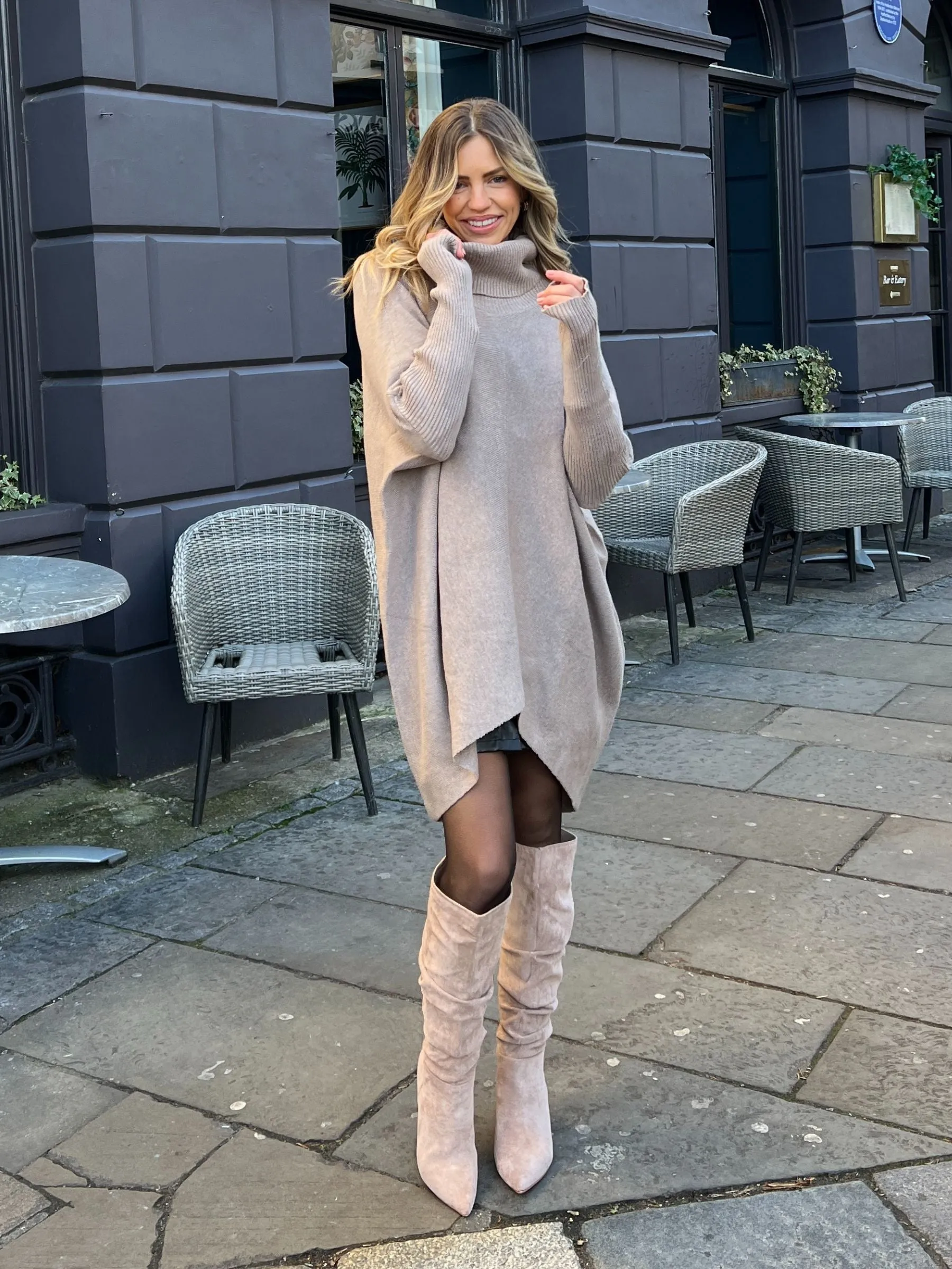 Stacey Ruched Suedette Knee High Boots in Tan