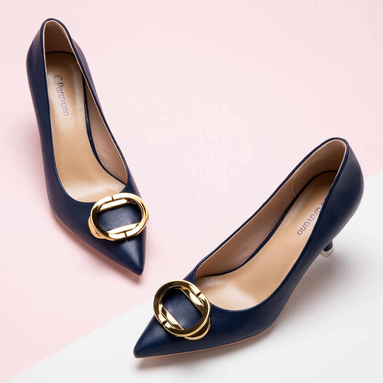 Stacked Metal Buckle Pumps (Olivia) Navy