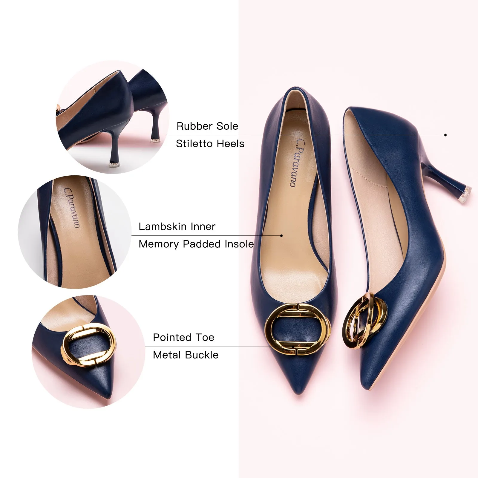 Stacked Metal Buckle Pumps (Olivia) Navy