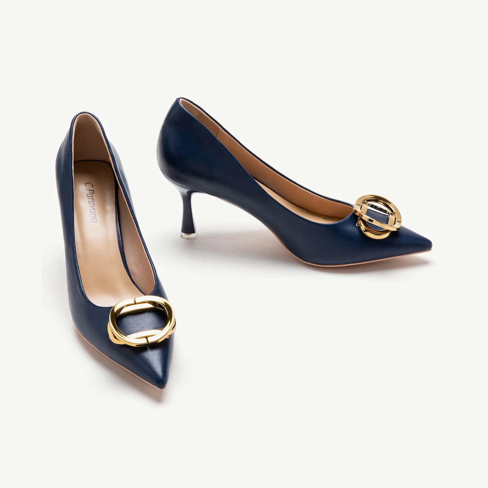 Stacked Metal Buckle Pumps (Olivia) Navy
