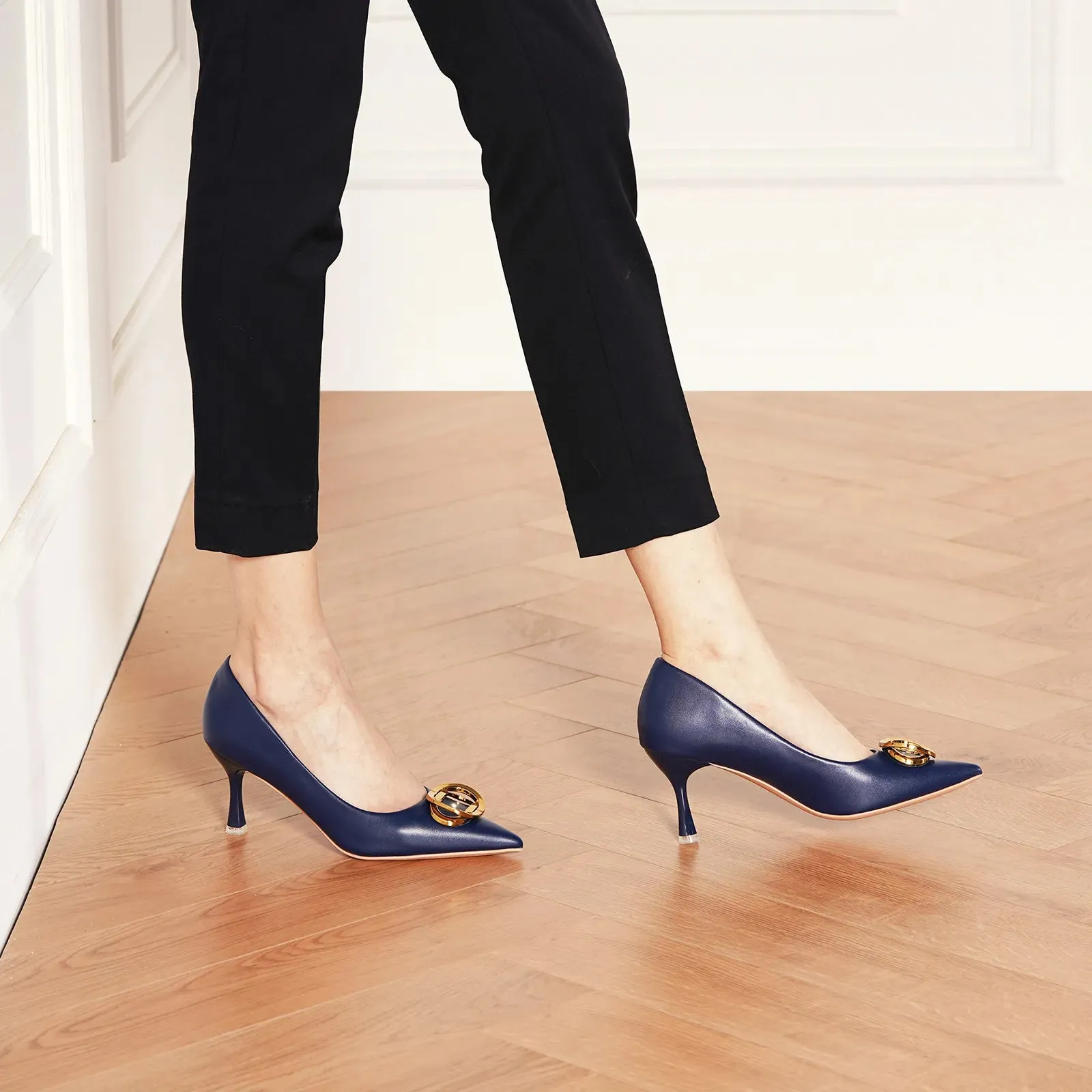 Stacked Metal Buckle Pumps (Olivia) Navy