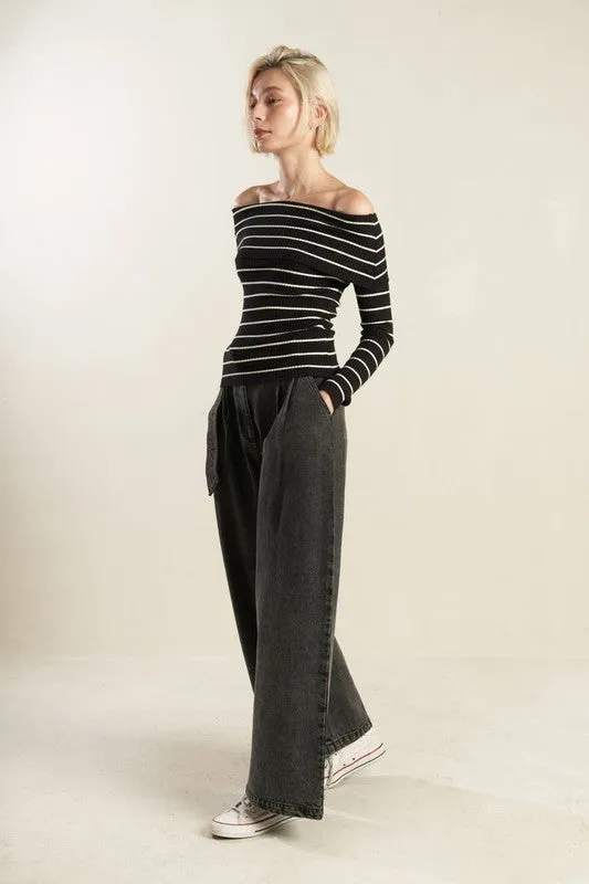 Tiana Long Sleeve Off The Shoulder Stripe Print Sweater Top Black