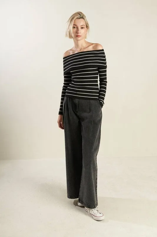 Tiana Long Sleeve Off The Shoulder Stripe Print Sweater Top Black