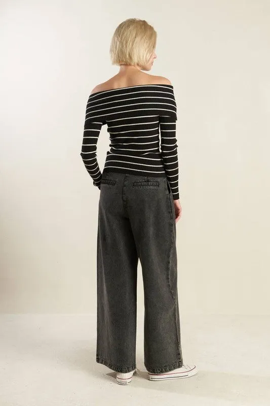 Tiana Long Sleeve Off The Shoulder Stripe Print Sweater Top Black