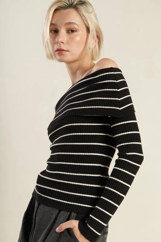 Tiana Long Sleeve Off The Shoulder Stripe Print Sweater Top Black