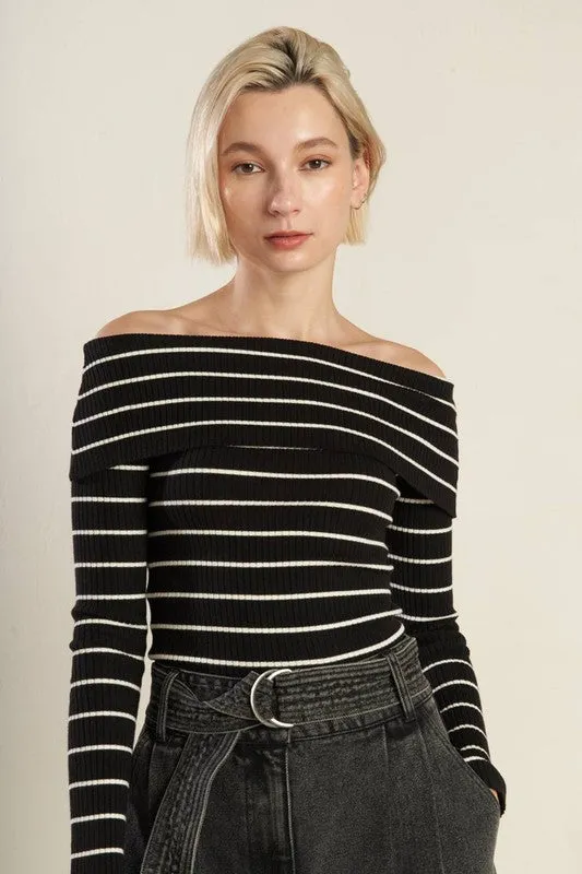 Tiana Long Sleeve Off The Shoulder Stripe Print Sweater Top Black