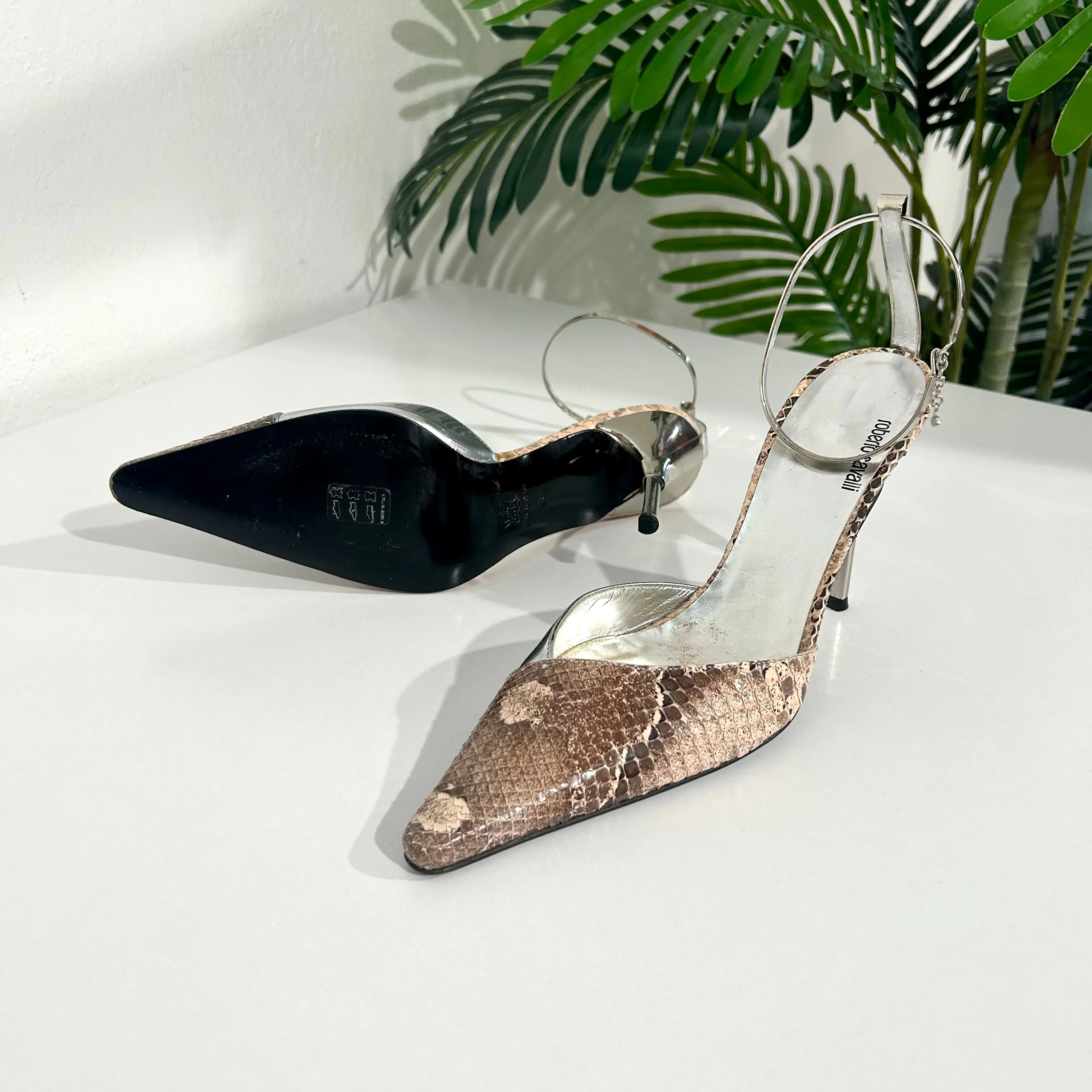 Vintage Roberto Cavalli Silver & Snakeskin Metal Cuff Heels