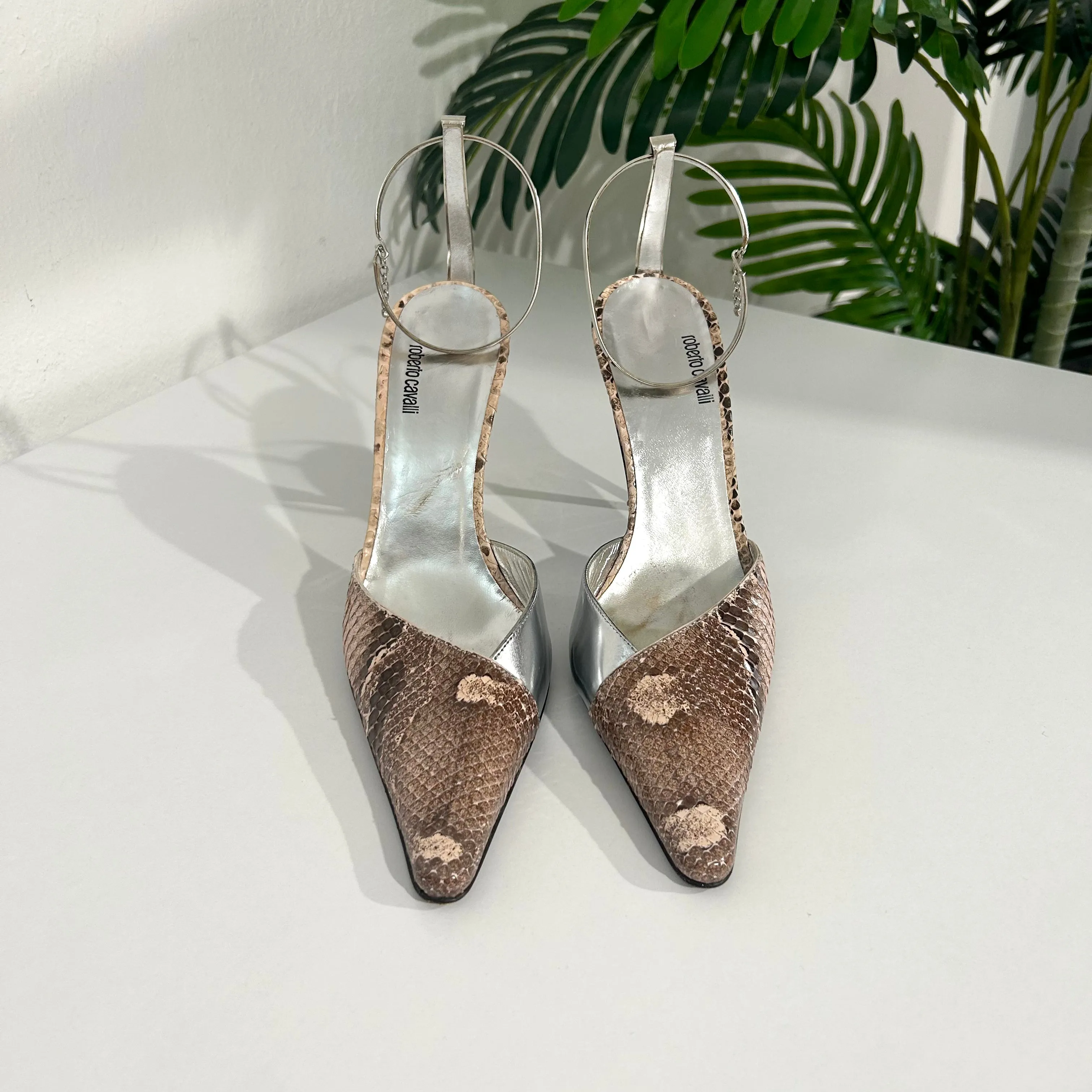 Vintage Roberto Cavalli Silver & Snakeskin Metal Cuff Heels