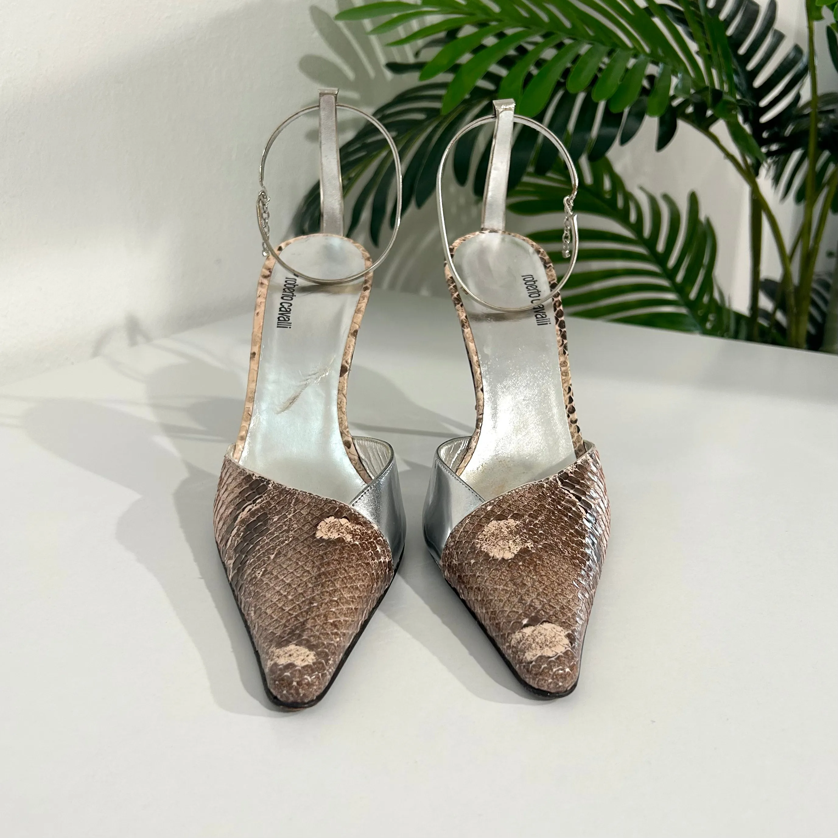 Vintage Roberto Cavalli Silver & Snakeskin Metal Cuff Heels