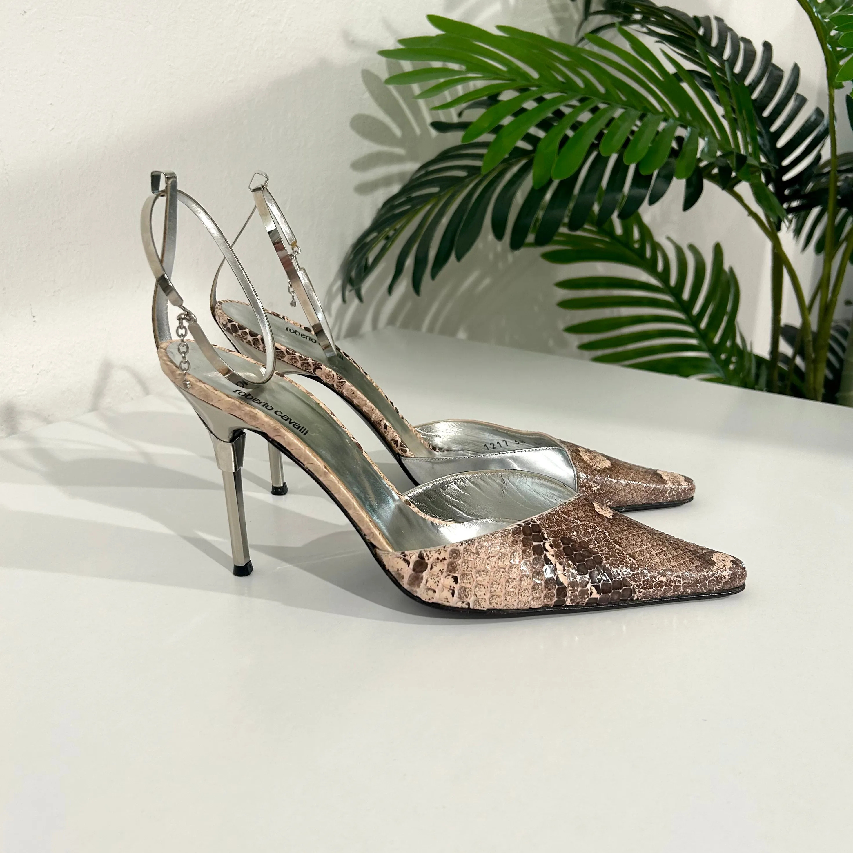 Vintage Roberto Cavalli Silver & Snakeskin Metal Cuff Heels