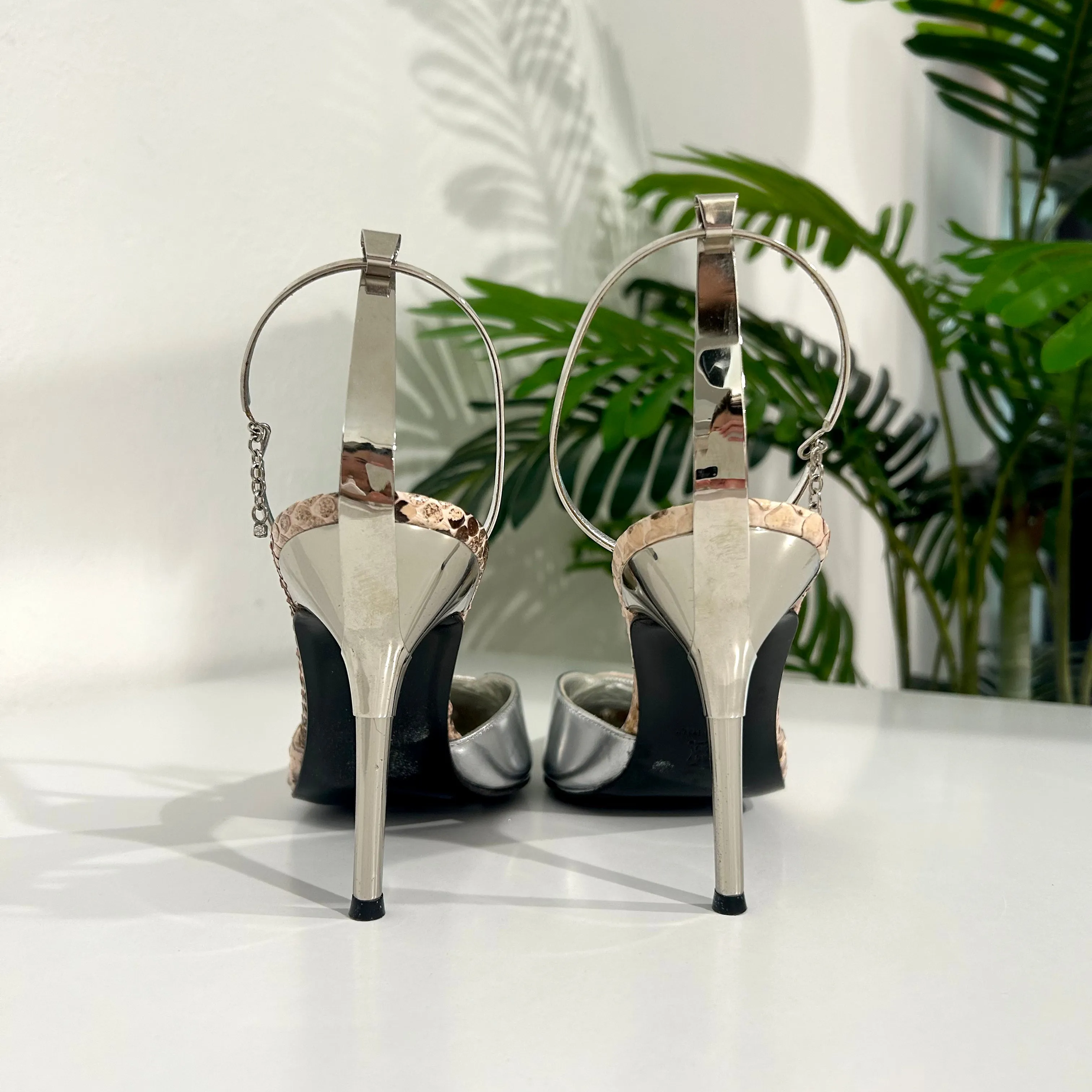 Vintage Roberto Cavalli Silver & Snakeskin Metal Cuff Heels