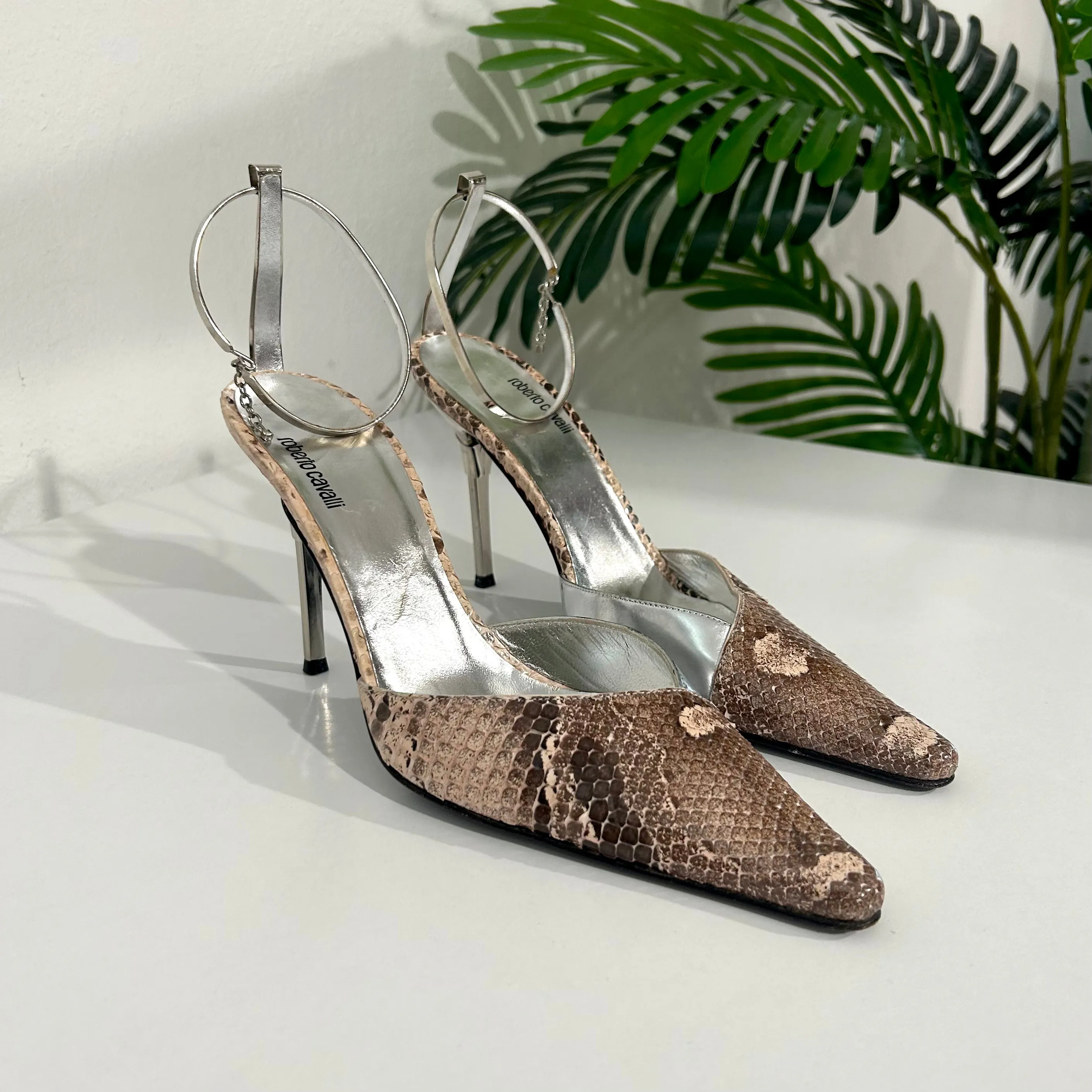 Vintage Roberto Cavalli Silver & Snakeskin Metal Cuff Heels