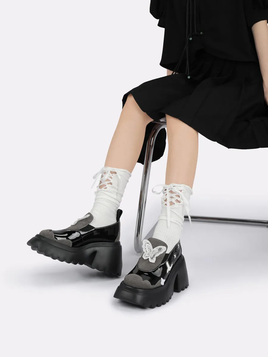 White Butterfly Pattern Platform Loafers【s0000002783】