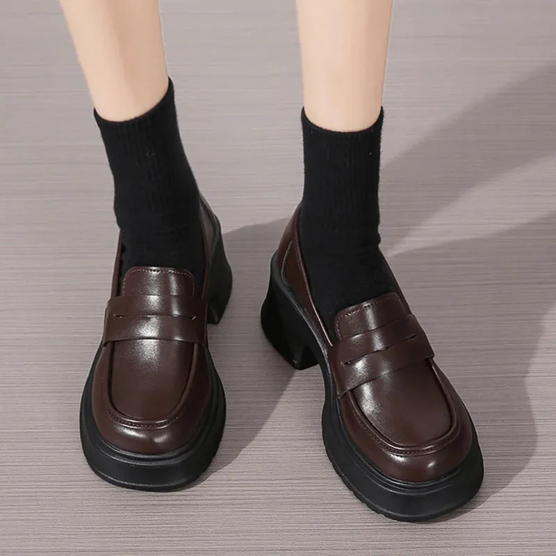 Wjczt Pu Leather Platform Loafers Woman  British Style Thick Heels Oxfords Shoes Women Slip On College Gothic Shoes Mujer