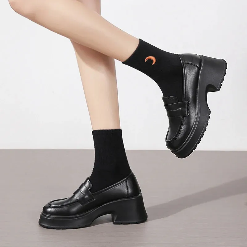 Wjczt Pu Leather Platform Loafers Woman  British Style Thick Heels Oxfords Shoes Women Slip On College Gothic Shoes Mujer