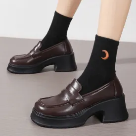 Wjczt Pu Leather Platform Loafers Woman  British Style Thick Heels Oxfords Shoes Women Slip On College Gothic Shoes Mujer