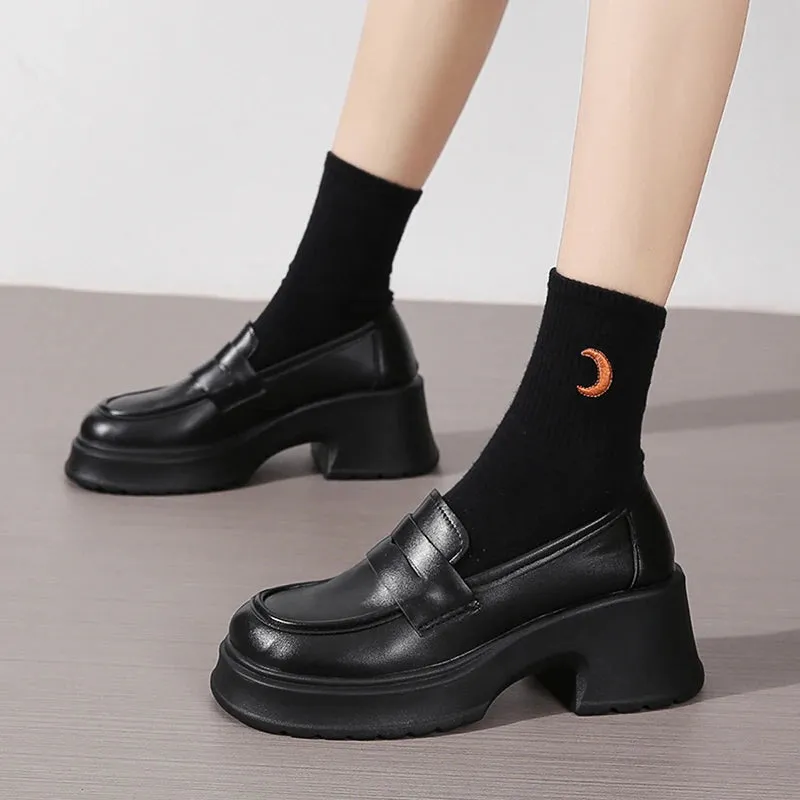 Wjczt Pu Leather Platform Loafers Woman  British Style Thick Heels Oxfords Shoes Women Slip On College Gothic Shoes Mujer