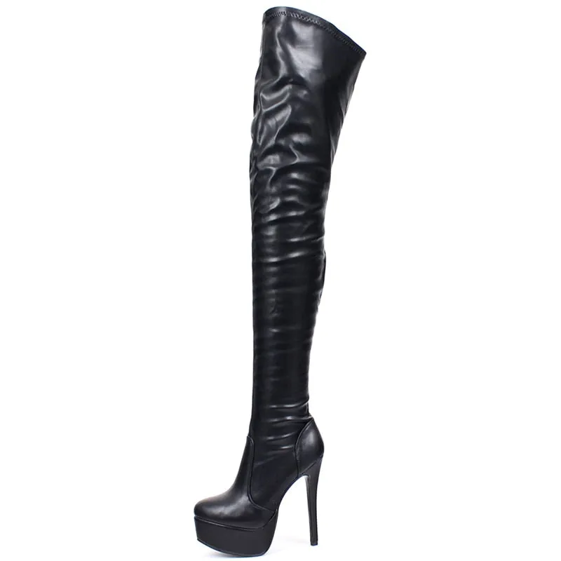 Women Thigh High Boots Sexy Super High Thin Heel Platform Boots Pointed Toe Zipper Over-the-Knee High Dance Shoes
